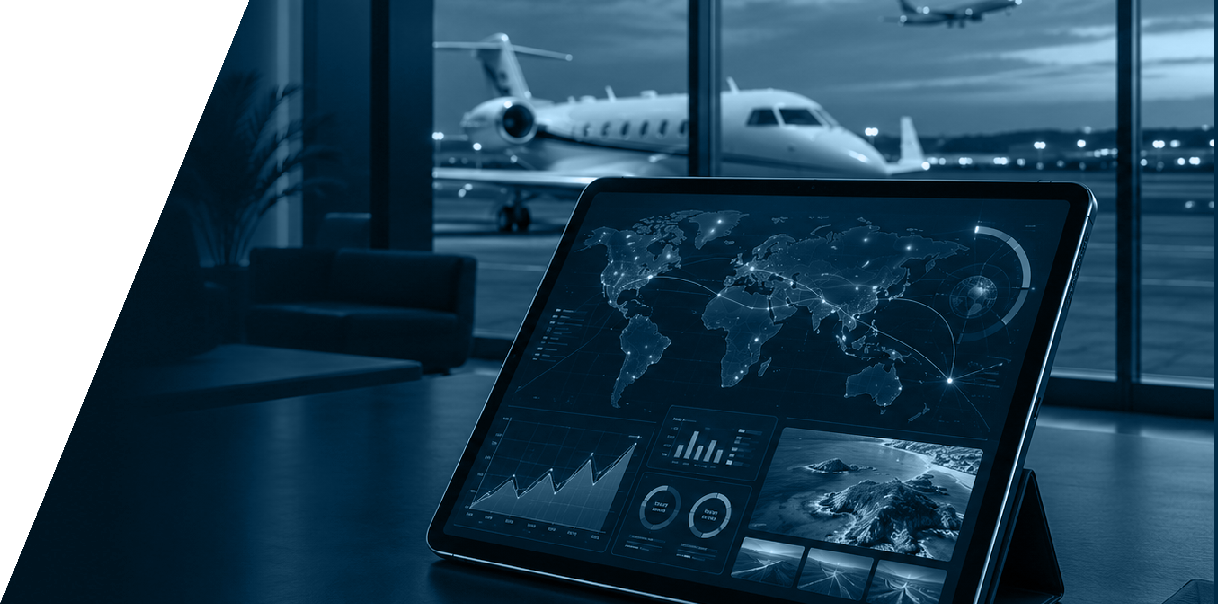 Tablet with aviation data and a private jet in the background