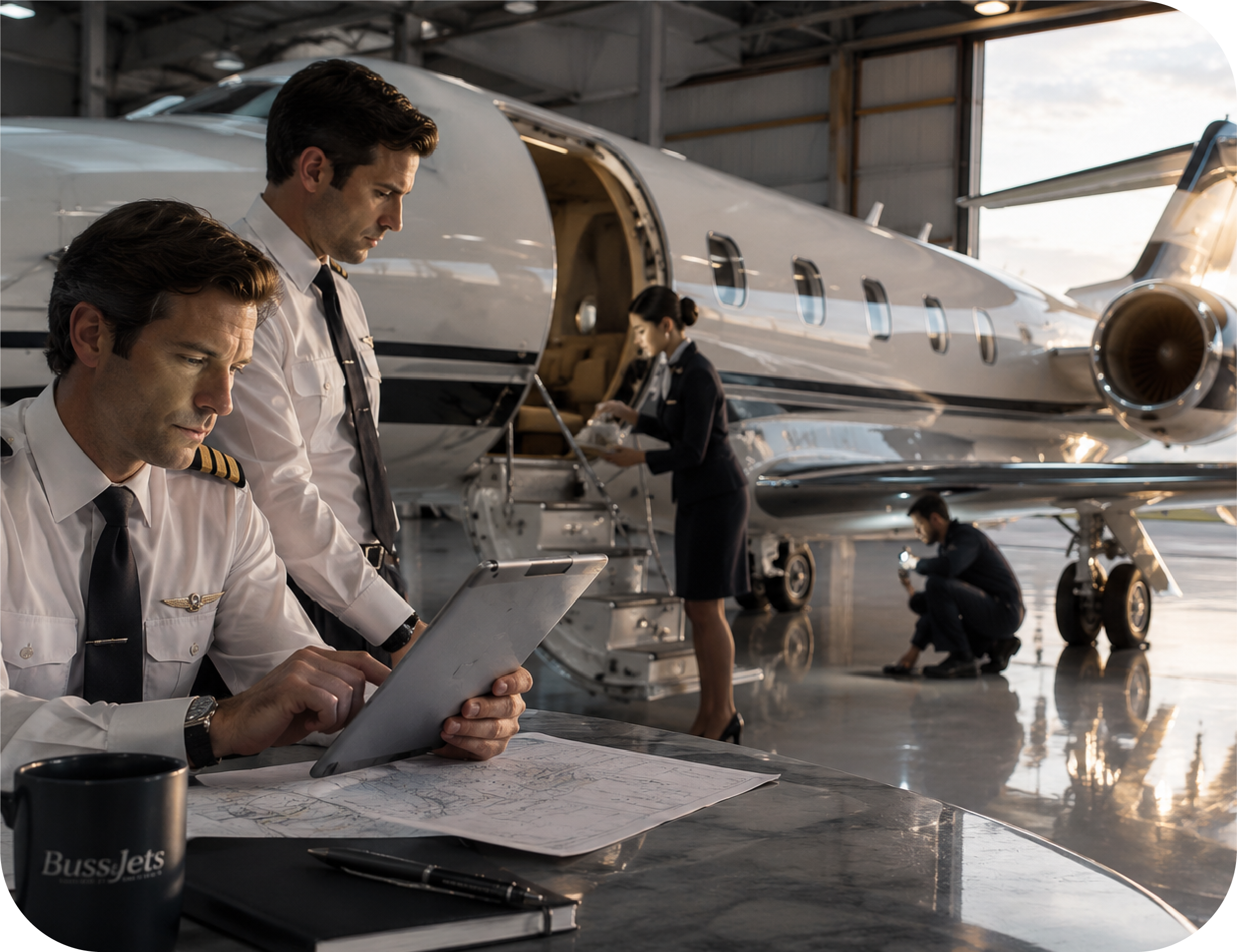 BussJets pilots and crew at the hangar
